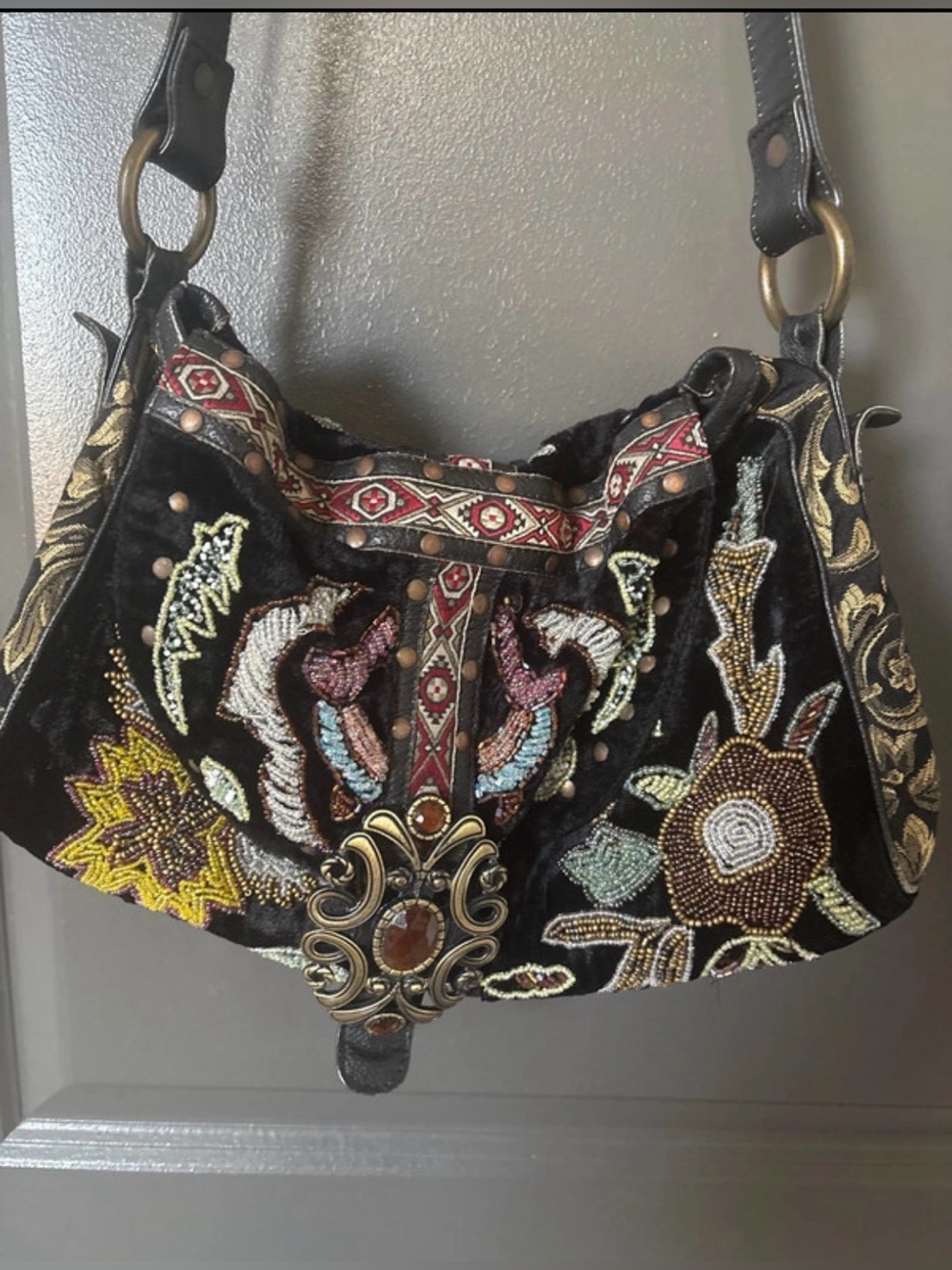 Mary Frances Vintage Black Velvet Beaded Floral Bird Shoulder Bag Boho Y2K